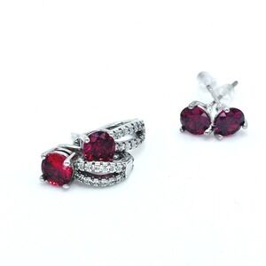 Vintage Silver Tone Red Stone Earrings Set Stud & Huggie Style Crystal Sparkle